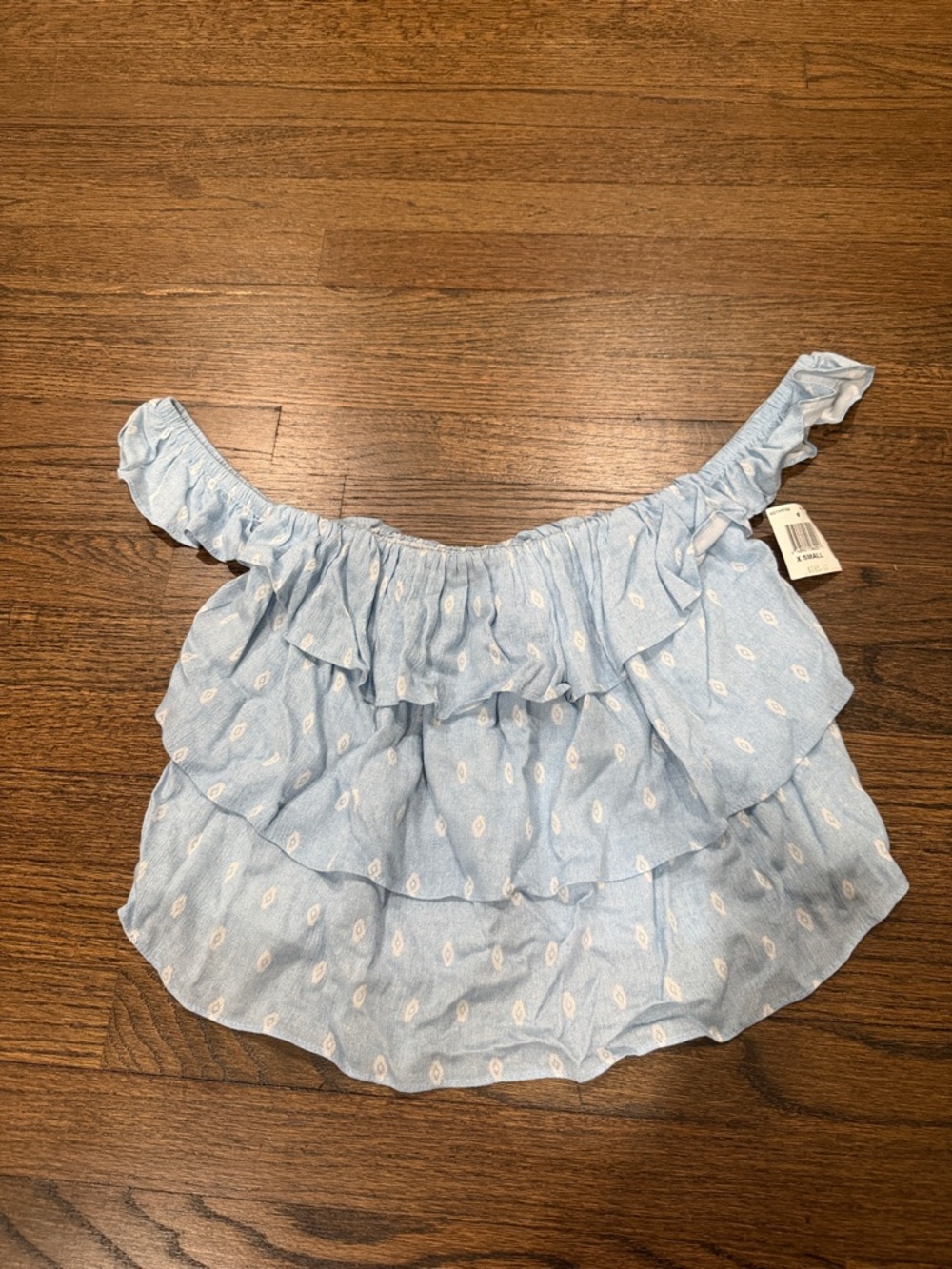Misa Los Angeles Light Blue Off-Shoulder Ruffle Short Sleeve Top
